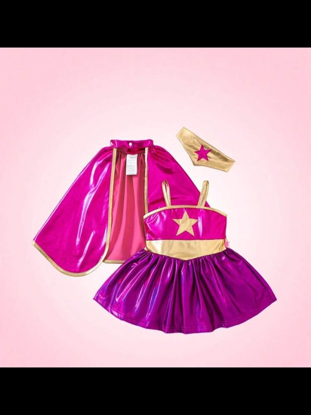 SHEIN Pink and Gold Girls Superhero Dress, Cape & Headband Set